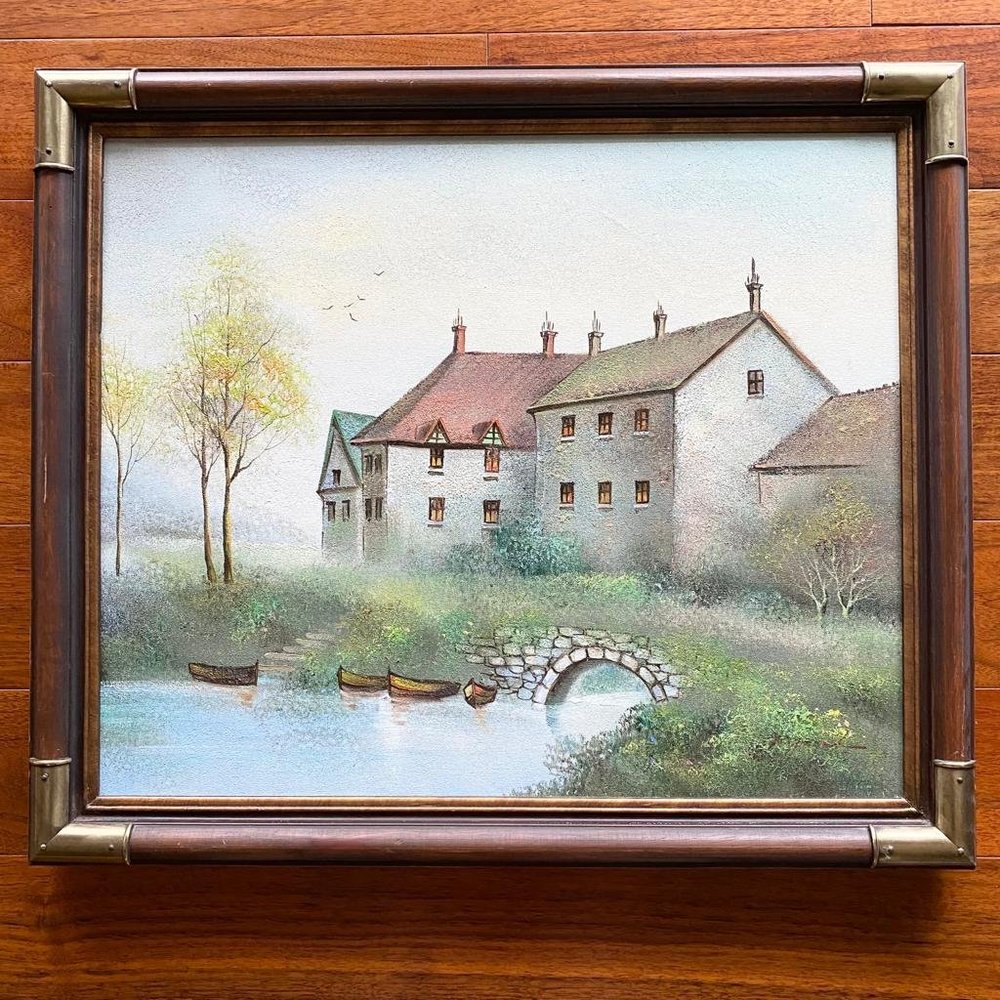 Large Oil Painting Signed Raymond Of A French Country Chateau-Wood Brass Frame